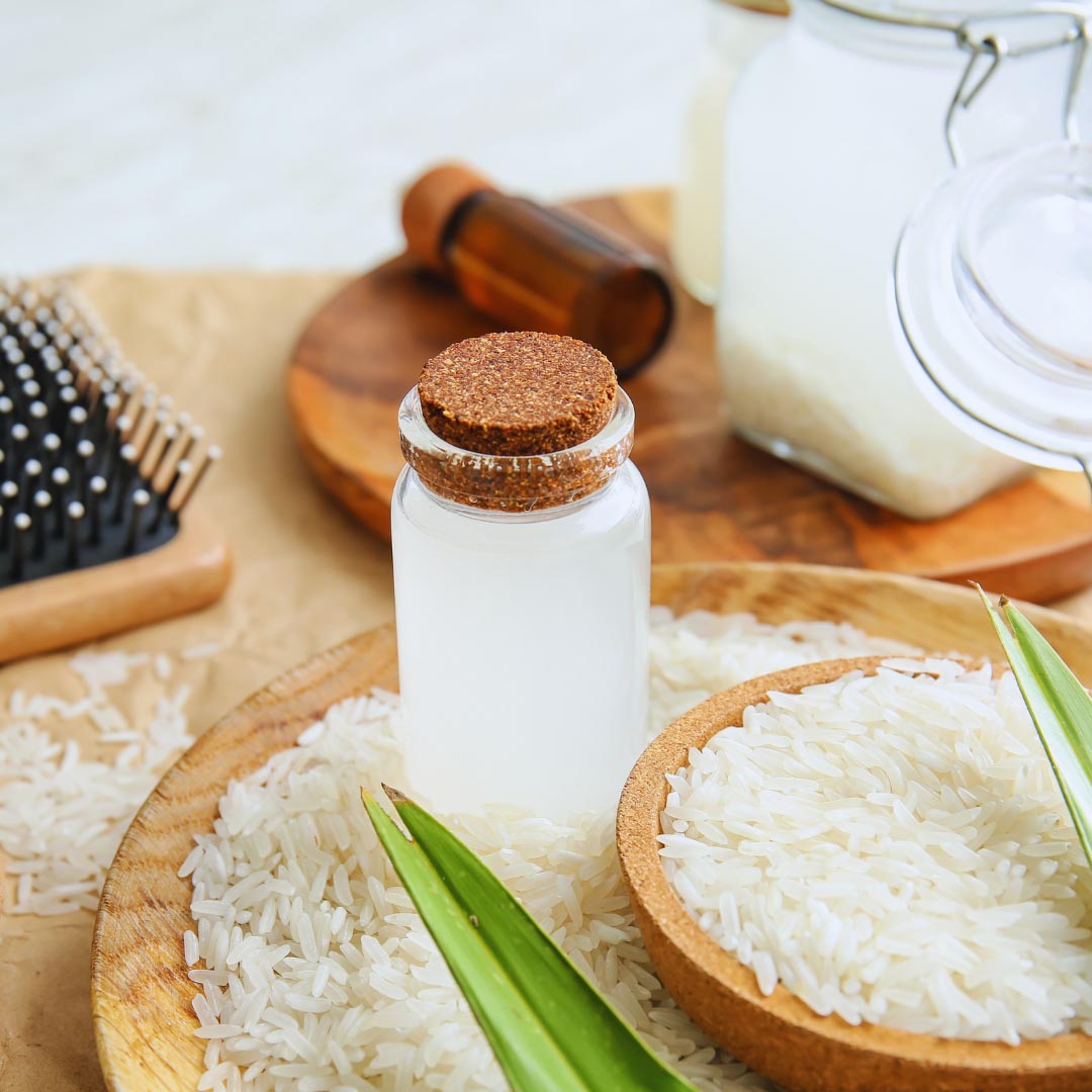 Rice water in a glass bottle